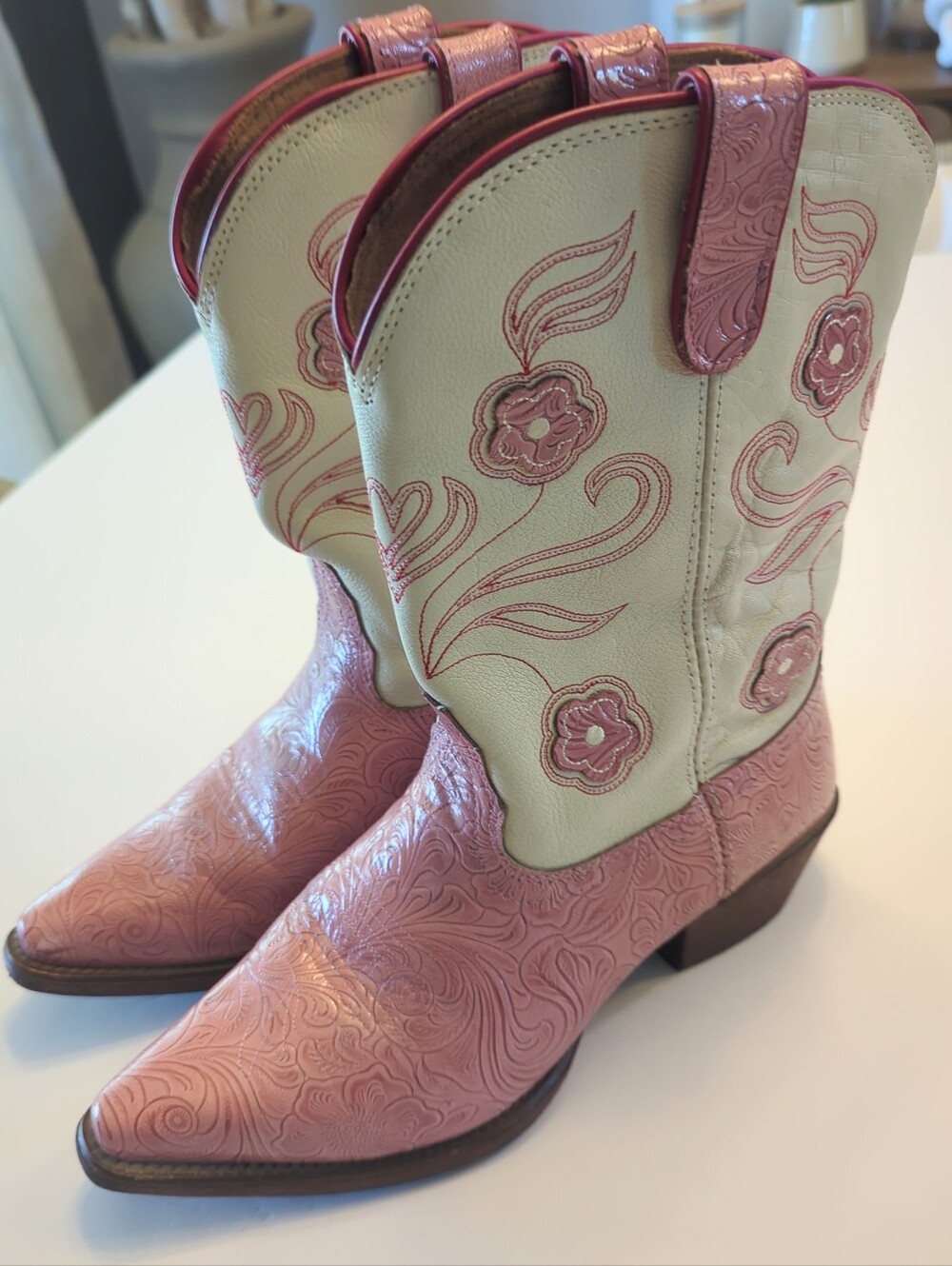 Tony Lama Flower Power Cowgirl 10" Western Leather Boots Size 5D Pink LL302 GUC